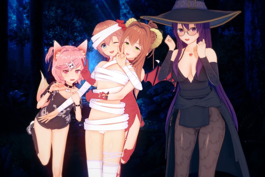 4girls cat_ears doki_doki_literature_club female female_only halloween monika_(doki_doki_literature_club) multiple_girls natsuki_(doki_doki_literature_club) sayori_(doki_doki_literature_club) witch_costume witch_hat witchanon wrapping yuri_(doki_doki_literature_club)