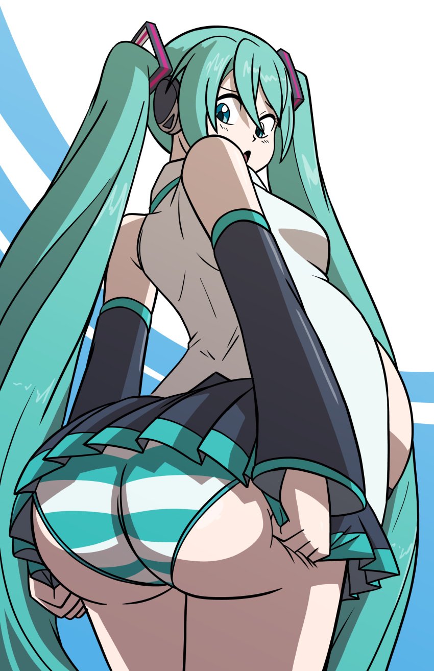 ass ass_expansion ass_focus axel-rosered big_ass big_butt blue_eyes blue_hair butt butt_expansion butt_focus chubby chubby_belly chubby_female embarrassed hatsune_miku huge_ass huge_belly huge_butt large_butt looking_back panties skirt striped_clothing striped_panties stripes