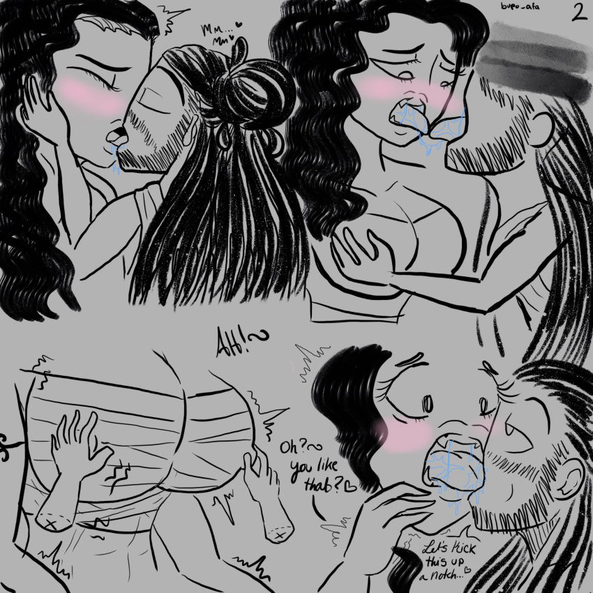 beard big_breasts black_hair blush breast_grab breasts comic dreadlocks drool drool_string drooling english_text gorgon kissing kissing long_hair nipple_bulge nipple_tweak nipples nipples_visible_through_clothing romantic romantic_couple tongue_kiss tongue_out tongue_sucking