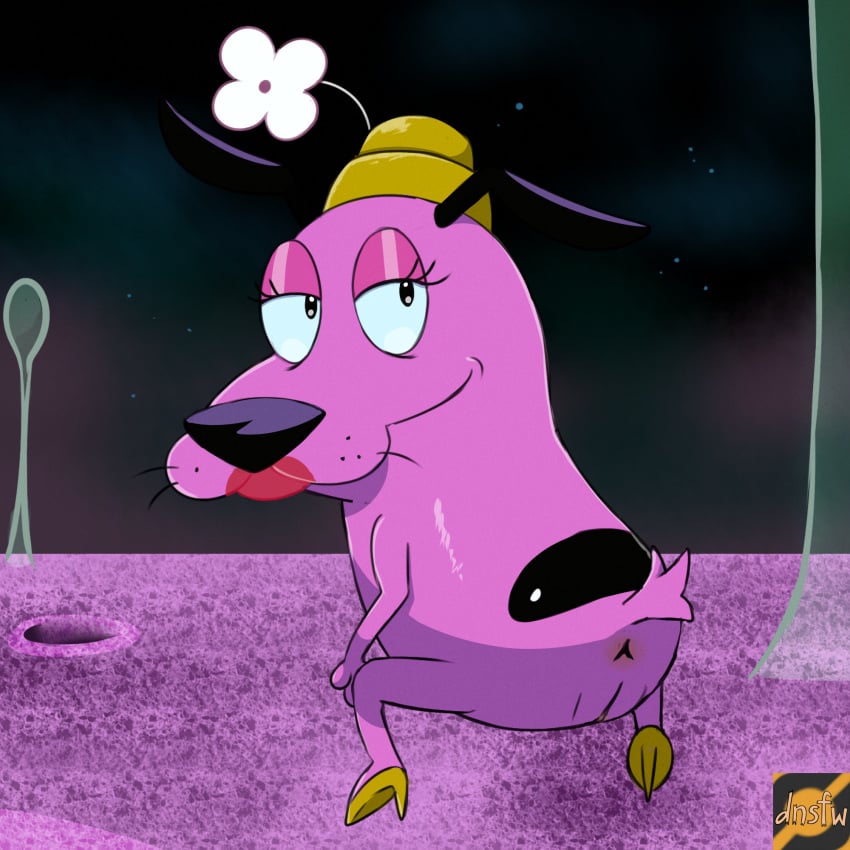 1:1 anthro anus canid canine canis cartoon_network clothing courage_the_cowardly_dog darknsfwindie digital_media_(artwork) eyelashes female flower footwear fur genitals hands_on_knees hands_on_legs hat headgear headwear hi_res high_heels lipstick looking_at_viewer looking_back makeup mammal nude pink_body pink_fur plant pussy simple_background smile solo tail teresa_(courage_the_cowardly_dog)