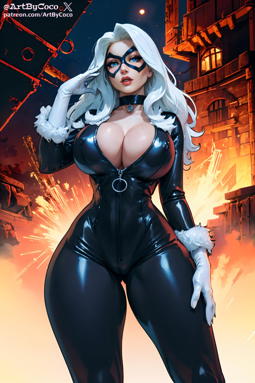 1girls ai_generated artbycoco big_breasts black_cat_(marvel) blue_eyes busty choker curvy curvy_body felicia_hardy latex latex_suit marvel marvel_comics masked_female stable_diffusion superheroine supervillainess tagme villainess white_gloves white_hair wide_hips