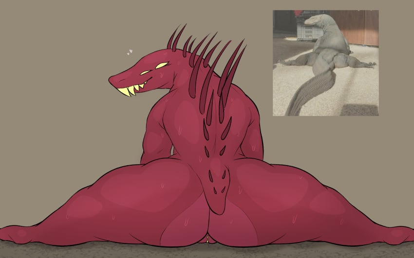 2023 4_eyes acrid alien anthro ass bamnoodled_(artist) big_butt bodily_fluids female flexible full-length_portrait genitals heart hi_res looking_at_viewer looking_back multi_eye nude photo_reference portrait pussy rear_view red_body risk_of_rain scalie sharp_teeth short_tail sitting smile solo spikes splits spread_legs spreading sweat tail teeth thick_thighs