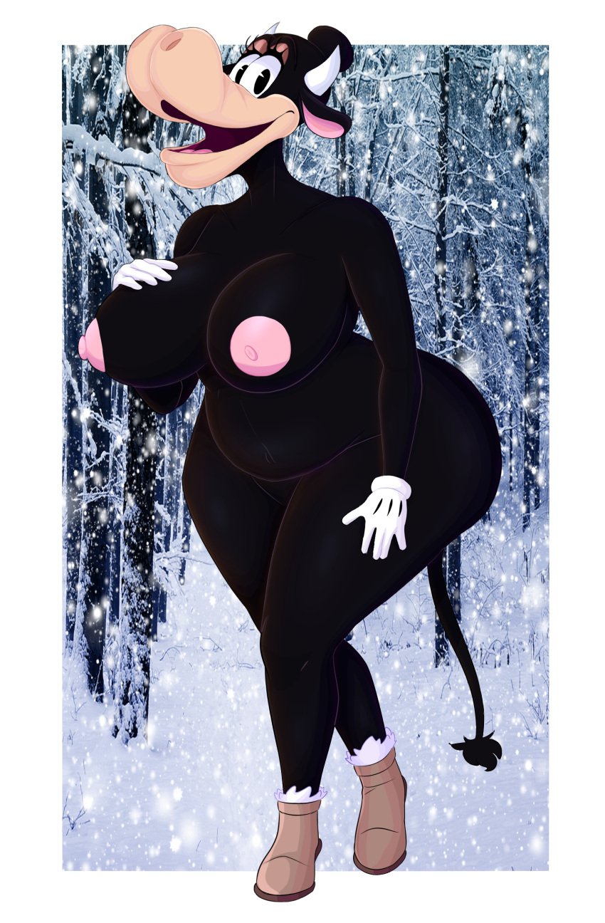 absurd_res anthro anthro_only ass belly big_breasts big_butt boolishclara boots bovid bovine breasts cattle clarabelle_cow clothing disney female footwear hi_res huge_breasts huge_butt mammal pinup pose thick_thighs winter