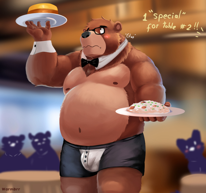 2024 absurd_res anthro bear belly big_belly black_nose blush bow_tie brown_body brown_fur bulge clothing english_text eyewear food fur glasses group hi_res kemono male mammal meme meme_clothing moobs navel nipples overweight overweight_male solo_focus text tuxedo_meme tuxedo_underwear underwear waiter warmbrr