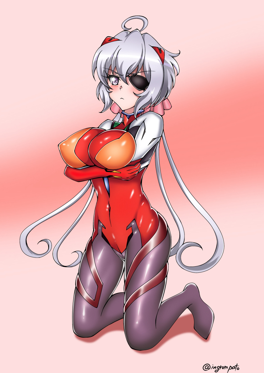 absurdres ahoge asuka_langley_sohryu_(cosplay) blush breast_hold breasts closed_mouth commentary_request cosplay covered_navel covered_nipples eyepatch female full_body gradient_background grey_hair hair_ornament hair_scrunchie highres kyomeihibiki large_breasts long_hair looking_at_viewer neon_genesis_evangelion plugsuit purple_eyes scrunchie senki_zesshou_symphogear simple_background solo yukine_chris