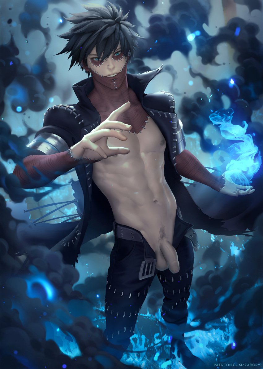 abs black_coat black_hair black_pants black_pubic_hair blue_eyes blue_flame boku_no_hero_academia dabi flaccid flaccid_penis male_only my_hero_academia scars smoke solo_male touya_todoroki unbuckled_belt unbuttoned_pants zarory