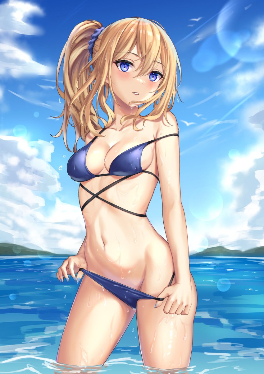 absurdres bare_shoulders bikini bikini_pull blonde_hair blue_bikini blue_eyes blue_nails blue_scrunchie blue_sky blush breasts cleavage clothes_pull collarbone cowboy_shot day edchi female hair_ornament hair_scrunchie hayasaka_ai highres kaguya-sama_wa_kokurasetai_~tensai-tachi_no_renai_zunousen~ long_hair looking_at_viewer nail_polish navel outdoors parted_lips photoshop_(medium) pulled_by_self scrunchie side_ponytail sky smile solo stomach strap_slip swimsuit wading water