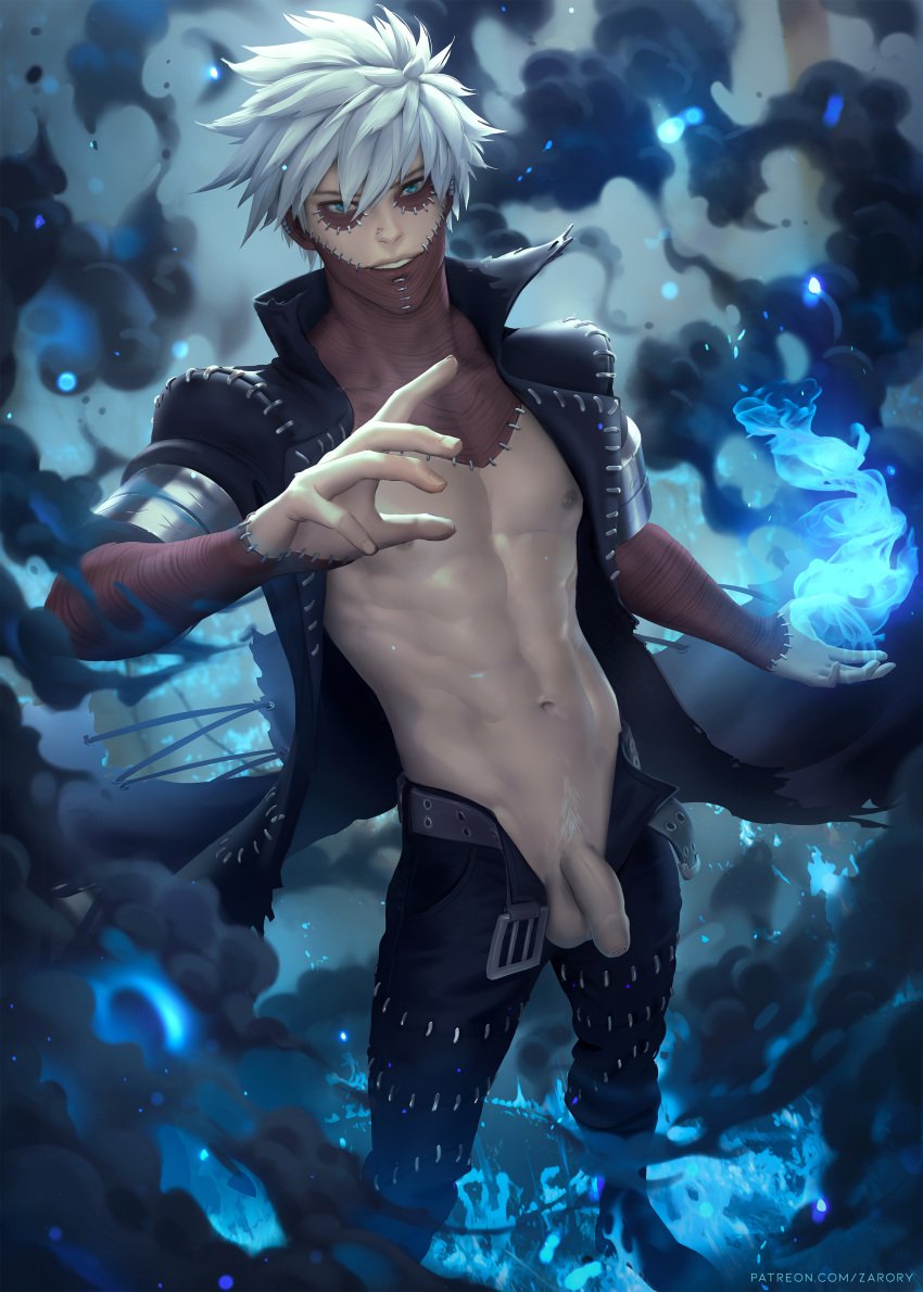 abs black_coat black_pants blue_eyes blue_flame boku_no_hero_academia dabi flaccid flaccid_penis male_only my_hero_academia scars smoke solo_male touya_todoroki unbuckled_belt unbuttoned_pants white_hair white_pubic_hair zarory