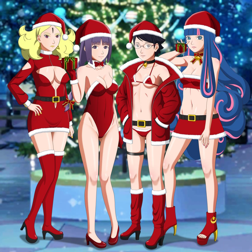 4girls ada_(boruto) adapted_costume adult age_difference alternate_version_available bikini black_hair blue_and_pink_hair boots borusumi boruto:_naruto_next_generations boruto:_two_blue_vortex christmas christmas_clothing christmas_headwear christmas_outfit cleavage crop_top cutout delta_(boruto) eyewear female female_only full_body glasses headwear heels high_heel_boots high_heels holidays human jacket kakei_sumire large_breasts leotard long_boots makeup medium_breasts micro_bikini miniskirt multicolored_hair multiple_girls naruto naruto_(series) no_bra older_female petite platform_heels purple_hair revealing_clothes santa_costume santa_hat sarada_uchiha shirt skimpy skimpy_clothes small_breasts teenage_girl teenager tubetop two_tone_hair yellow_hair younger_female