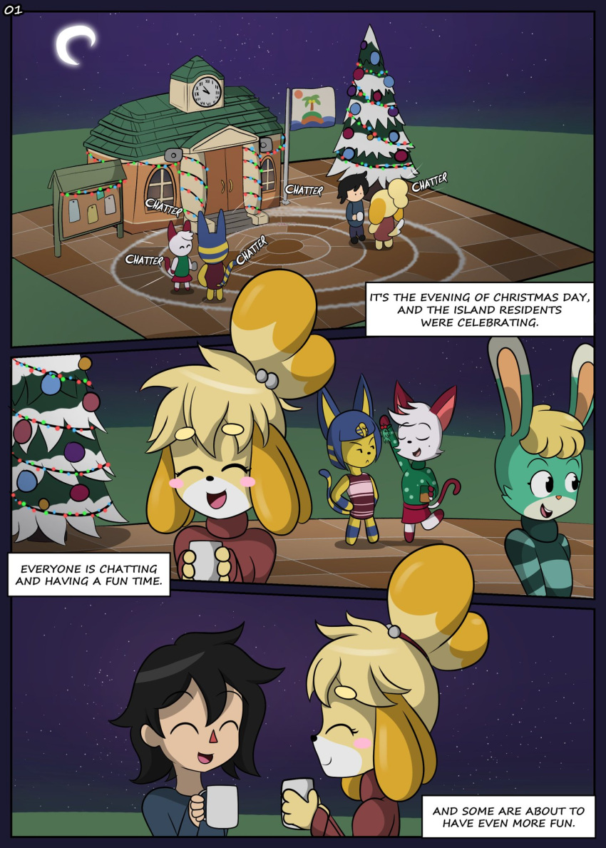 animal_crossing ankha ankha_(animal_crossing) doujinshi english_text isabelle_(animal_crossing) luxxxi nintendo page_1 villager_(animal_crossing)