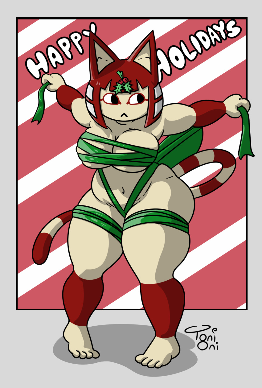 1girls 4_fingers 4_toes alternate_color animal_crossing ankha anthro artist_logo artist_name barefoot body_fur cat_ears cat_tail cream_fur feline female female_only holly_(plant) large_breasts mammal nintendo no_visible_genitalia red_berries red_hair ribbon shortstack simple_background solo spiky_leaves tail text thick_thighs toni_oni