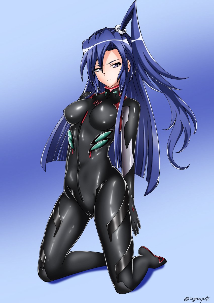 absurdres blue_background blue_eyes blue_hair blush breasts commentary_request cosplay female gradient_background highres kazanari_tsubasa kyomeihibiki long_hair looking_at_viewer medium_breasts neon_genesis_evangelion one_side_up plugsuit rei_ayanami rei_ayanami_(cosplay) senki_zesshou_symphogear shiny_clothes simple_background solo