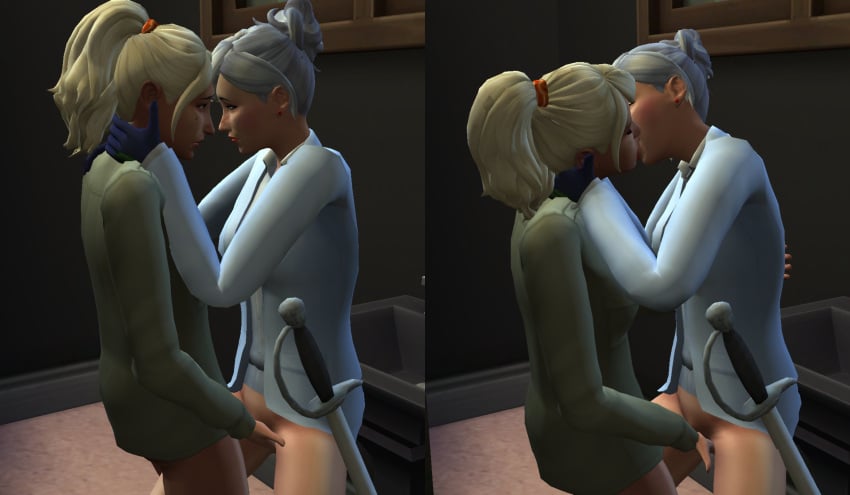 artist_request blonde_hair dark-skinned_female fingering gloves interracial_yuri kissing minniiieiii robyn_hill rwby sims sims4 sword the_sims the_sims_4 white_hair winter_schnee