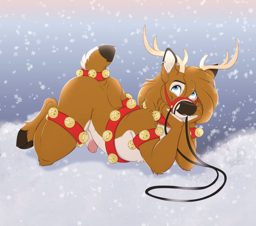 absurd_res anthro antlers bashful bell bell_harness black_nose blue_eyes bridle brown_body brown_fur brown_hair christmas cloven_hooves deer digitigrade_anthro ewan_j._redding fur girly hair harness hi_res holidays hooves horn jingle_bell jingle_bell_harness kneeling kwik_(artist) long_hair male mammal multicolored_body multicolored_fur new_world_deer raised_tail snow solo tail two_tone_body two_tone_fur white-tailed_deer white_body white_fur