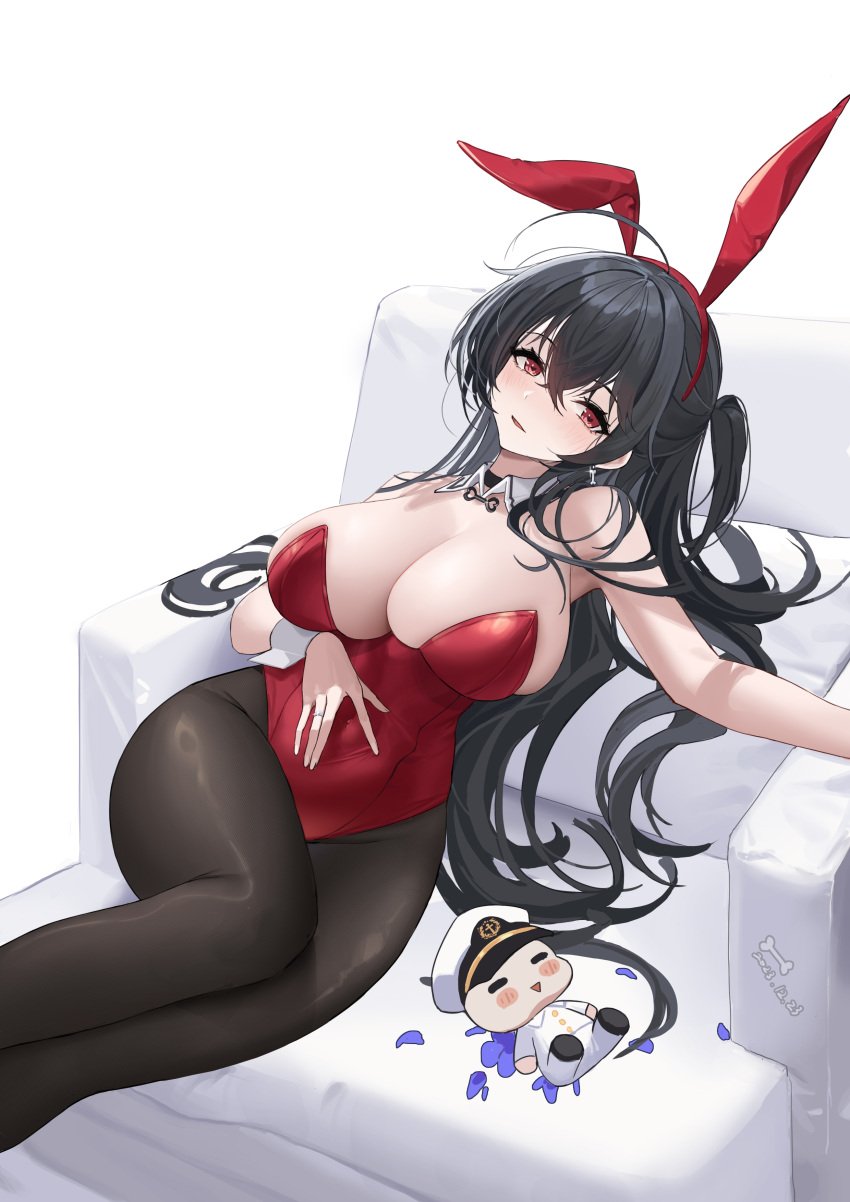 1girls absurdres ahoge animal_ears awwwwys azur_lane bare_shoulders black_choker black_hair black_pantyhose blush bone_earrings breasts bunny_ears bunnysuit character_doll choker cleavage commander_(azur_lane) couch covered_navel crossed_bangs dated detached_collar fake_animal_ears female hair_between_eyes hand_on_own_stomach highleg highleg_leotard highres huge_breasts jewelry leotard light-skinned_female light_skin long_hair looking_at_viewer lying on_back on_couch pantyhose parted_lips playboy_bunny rabbit_ears red_eyes ring sakura_empire_(azur_lane) skindentation solo strapless strapless_leotard stuffed_toy taihou_(azur_lane) thighs very_long_hair white_background wrist_cuffs