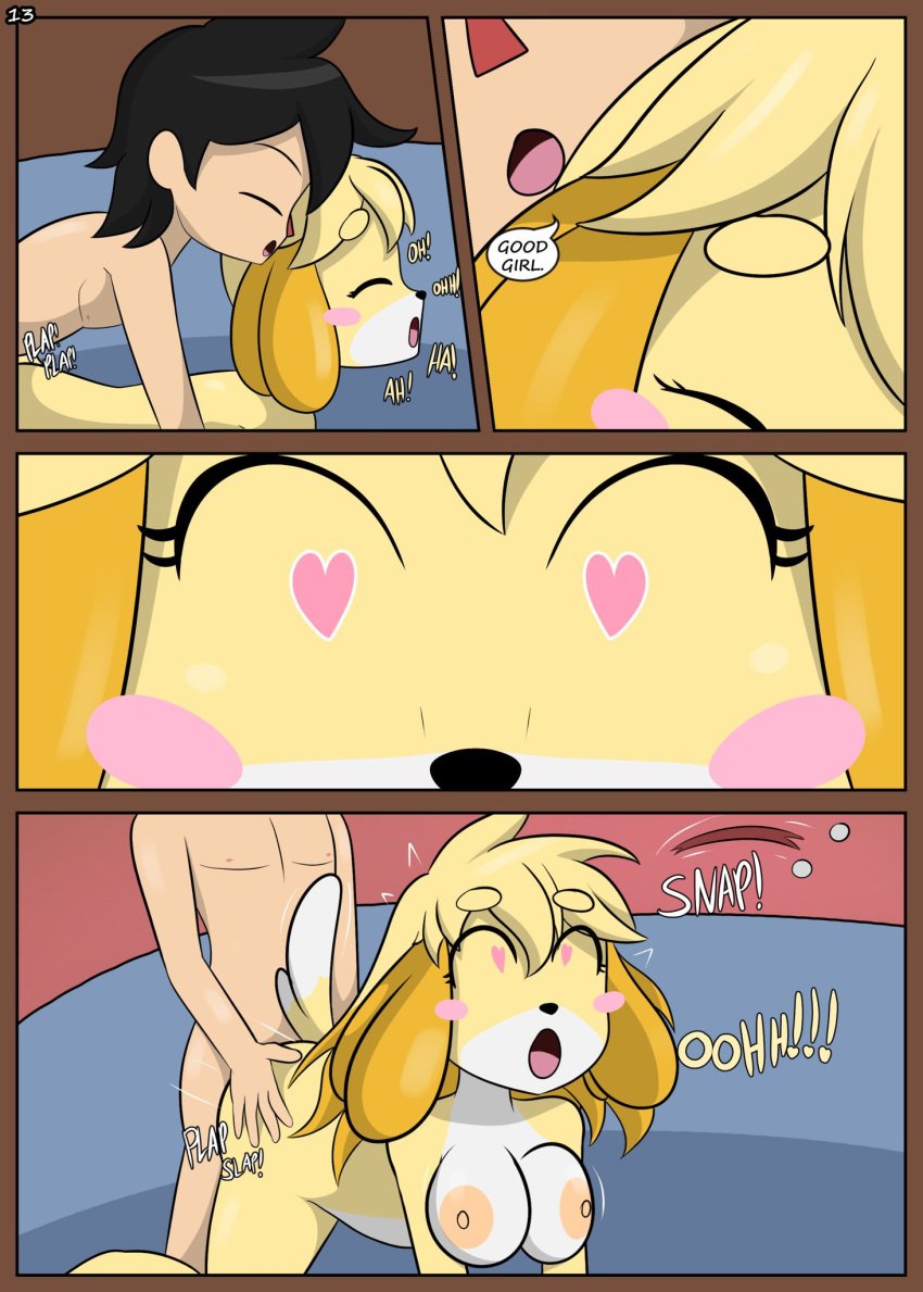 animal_crossing breasts doujinshi english_text isabelle_(animal_crossing) luxxxi nintendo page_13 villager_(animal_crossing)