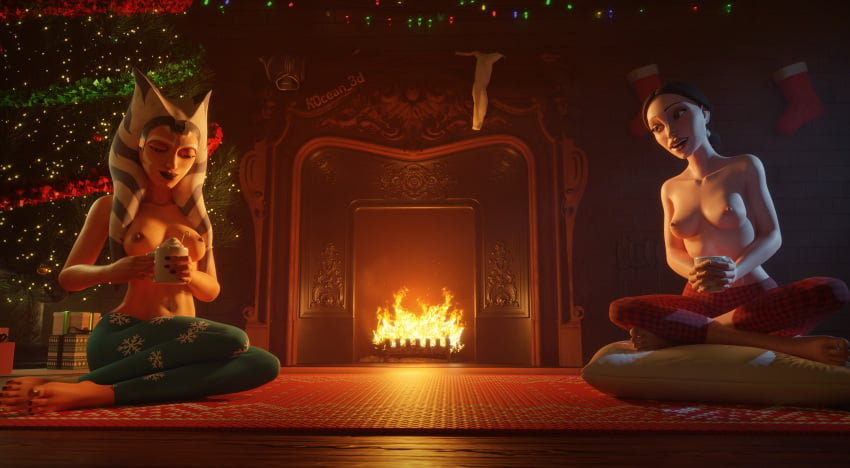 2girls 3d accurate_art_style ahsoka_tano airress3d_(3d-modeller) alien alien_girl alien_humanoid areolae athletic_female barefoot blue_eyes breasts brown_hair christmas clone_wars crossed_legs drink facial_markings feet female female_only fire fireplace highres holding_object kocean_3d legs_crossed lekku light-skinned_female looking_down medium_breasts midriff multiple_girls nipples no_bra official_style open_mouth orange_body orange_skin padme_amidala pajamas pants partially_clothed petite pillow sitting skinny slim smile star_wars talking the_clone_wars:_season_seven toes togruta topless tree wholesome winter