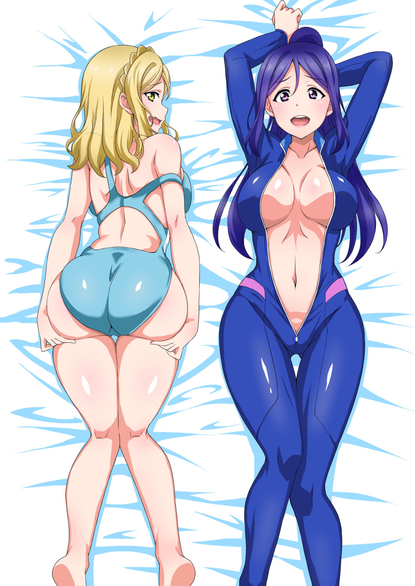 2girls ass blonde_hair blue_clothing blue_hair dakimakura female front_zipper human jpeg love_live! love_live!_sunshine!! matsuura_kanan multiple_girls ohara_mari shiny_clothes swimsuit wetsuit zipper zipper_down