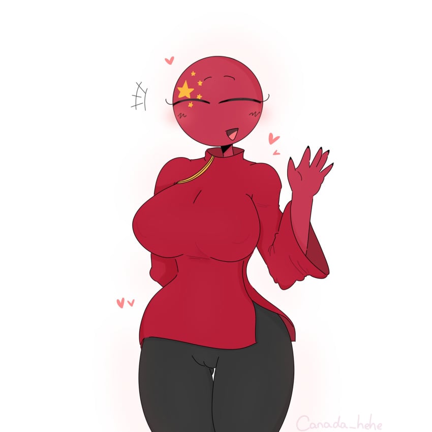 blush breasts china_(countryhumans) chinese_clothing closed_eyes countryhumans countryhumans_girl female large_breasts pants red_body solo waving_at_viewer xx.canada.xx