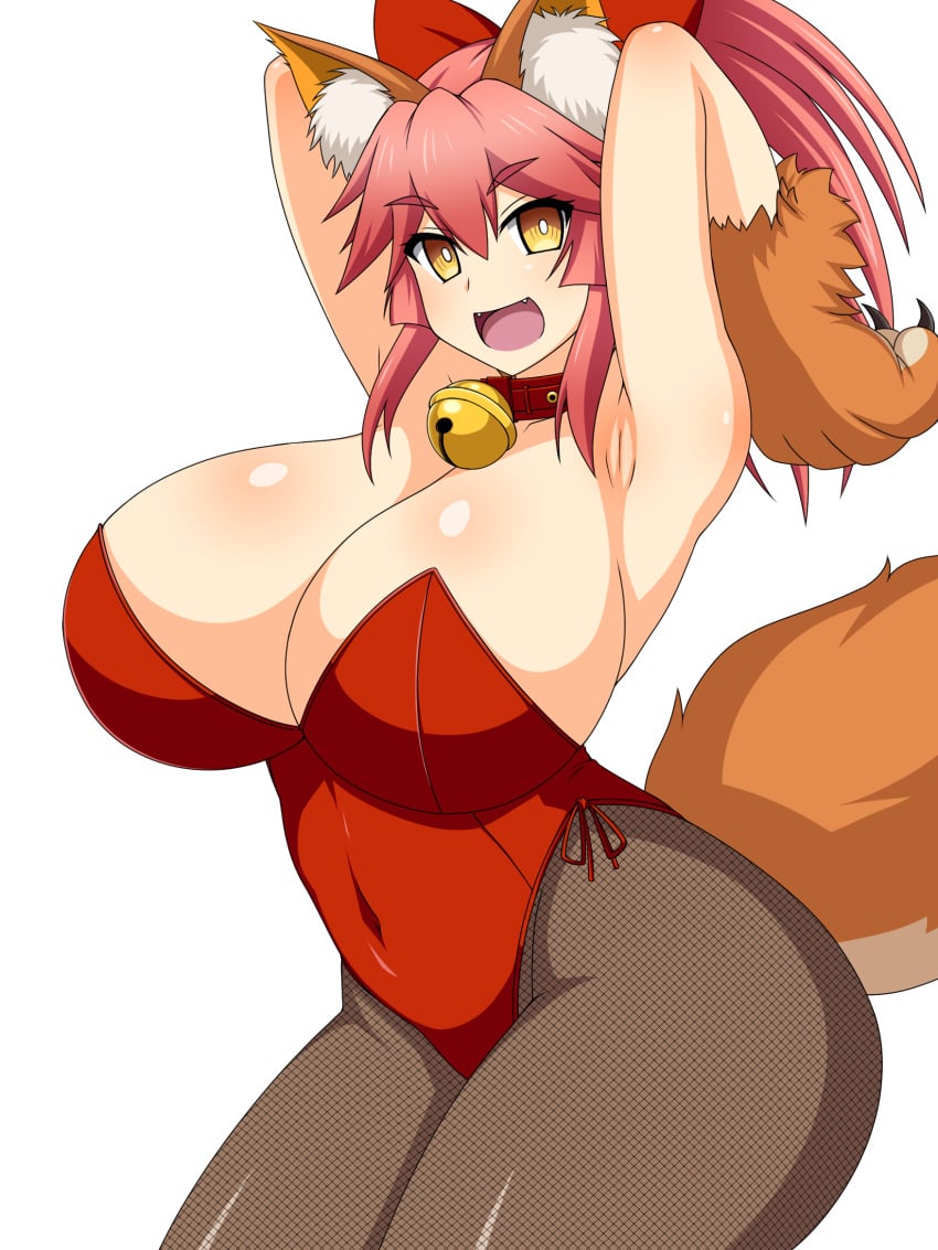 @_@ animal_ear_fluff animal_ears animal_hands arm_up armpits arms_behind_head bell breasts cat_paws collar covered_navel curvy fangs fate/grand_order fate_(series) female fishnet_pantyhose fishnets fox_ears fox_girl fox_tail gloves highres jingle_bell large_breasts leotard looking_at_viewer neck_bell pantyhose paw_gloves pink_hair playboy_bunny plump ponytail presenting_armpit red_leotard red_ribbon ribbon simple_background solo space_gorilla strapless tail tamamo_(fate) tamamo_cat_(fate) white_background