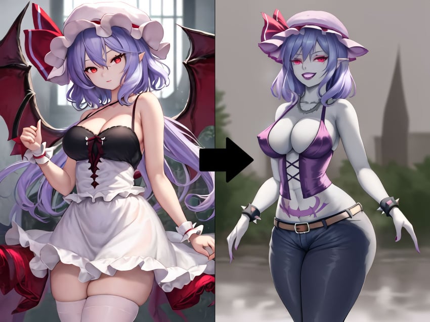 ai_generated attitude_adjustment before_and_after brainwashing breast_expansion corruption enemy_conversion fairy_tail female femsub fully_clothed gothification gothified hair_color_change hair_growth huge_ass huge_breasts midriff npg8993 personality_change post_transformation pre-transformation remilia_scarlet rock_of_succubus skin_color_change thick_thighs thigh_expansion touhou transformation wide_hips