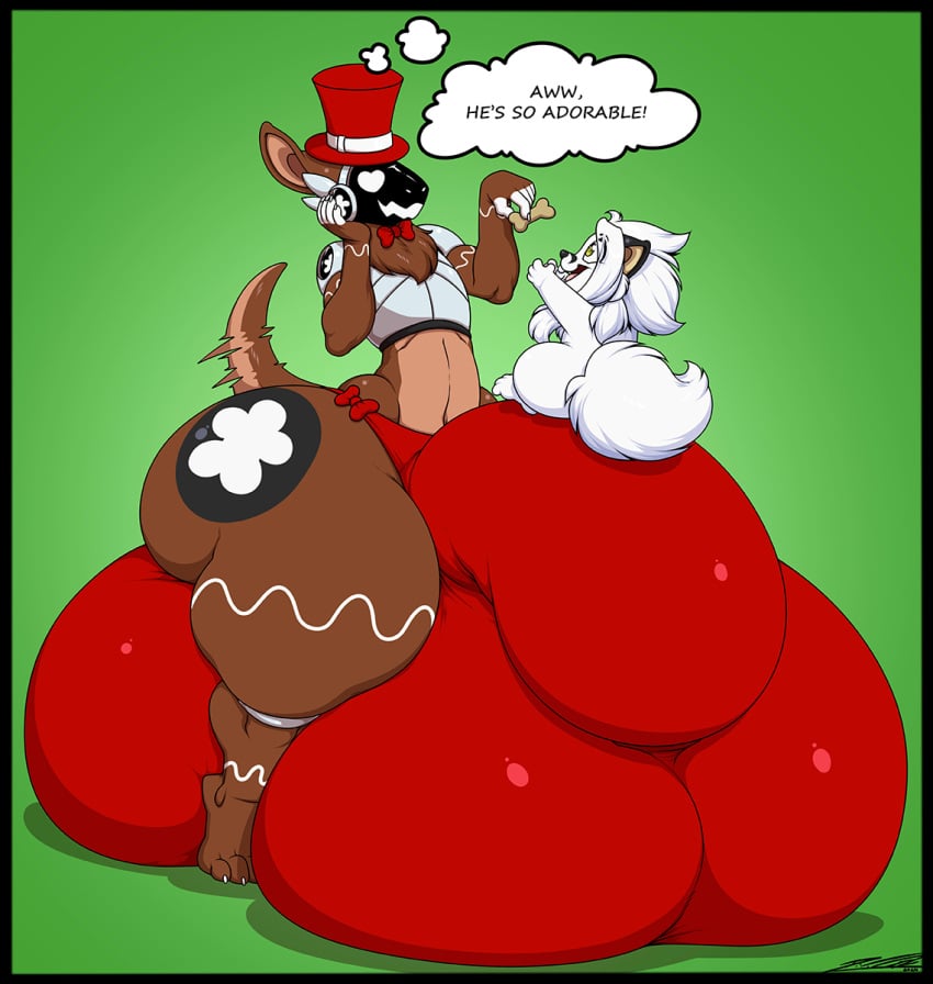 2024 anthro big_bulge bottomwear brown_body bulge canid canine canis clothing deon_(deonwolf) deonwolf detailed_bulge dog_food dog_treat duo english_text fester_(fluffybooty) fur gingerbread_man hat headgear headwear heart_eyes heart_symbol hi_res huge_bulge huge_thighs hyper hyper_bulge machine male mammal multicolored_body open_mouth pet_food protogen tail tail_motion tailwag text thick_thighs thought_bubble top_hat two_tone_body white_body white_fur wolf yellow_eyes