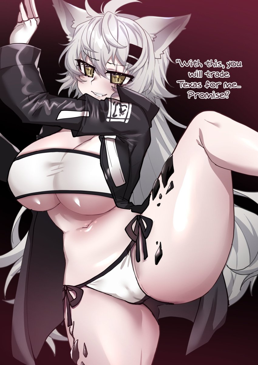 animal_ears arknights big_breasts body_markings coat curvy english_text fingerless_gloves hairclip huge_ass lappland_(arknights) long_coat long_hair looking_at_viewer osiimi pale-skinned_female pale_skin side-tie_panties silver_hair spread_legs thick_thighs yellow_eyes