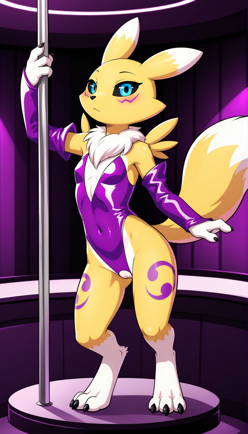 1girls 2024 ai_generated anthro black_sclera blue_eyes blush crotchless_clothes digimon digimon_(species) digitigrade female female_only hi_res innie_pussy looking_at_viewer pole pole_dancing pussy renamon stripper stripper_pole white_fur yellow_fur