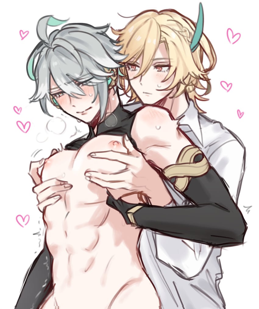 alhaitham_(genshin_impact) blonde_hair blush genshin_impact grey_hair human human_only kaveh_(genshin_impact) male nipple_play nipples no_furry sensitive sweat sweatdrop sweating trembling yaoi