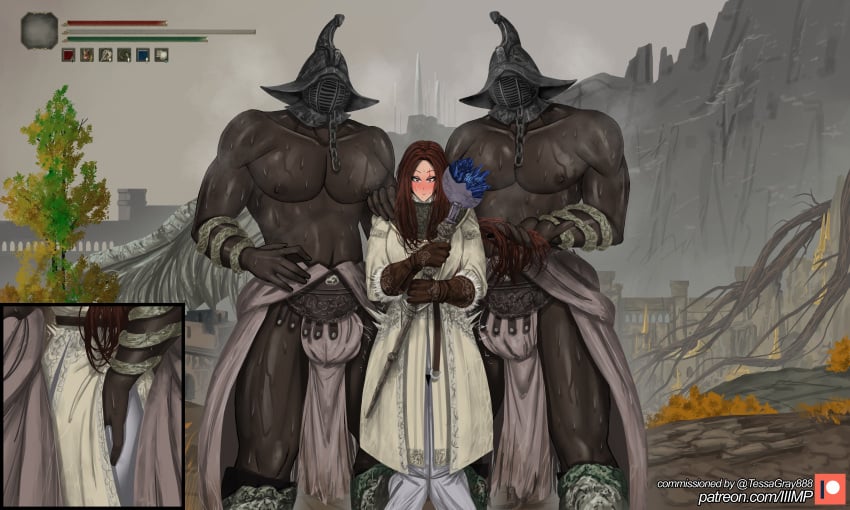 1girls 2boys ass_grab black_body bulge butt_grab commission dark-skinned_male dark_skin elden_ring fromsoftware fully_clothed gladiator grave_warden_duelist groping helmet iiimp light-skinned_female light_skin mage muscles muscular muscular_male no_penetration noblewoman rear_view red_hair size_difference staff sweat sweating tarnished