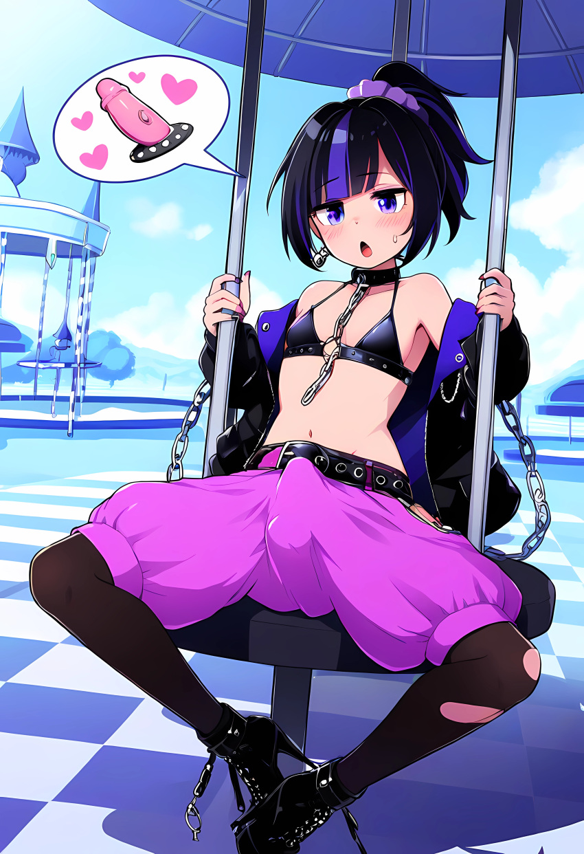 ai_generated balls_under_clothes belt black_hair bra bulge choker erection erection_under_clothes fair femboy hair_tie heart holes_in_clothes jacket_partially_removed legs_apart merry_go_round penis pink_pants purple_eyes purple_hair sitting thinking thought_bubble tights