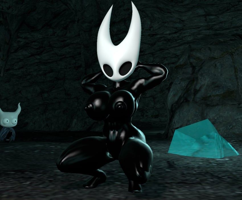 1girls 1other 3d 3d_(artwork) areolae barefoot big_breasts black_body breasts completely_nude completely_nude_female female full_body hollow_knight hornet_(hollow_knight) looking_at_another mypenis naked naked_female nipples nude nude_female protagonist_(hollow_knight) squatting wide_eyed