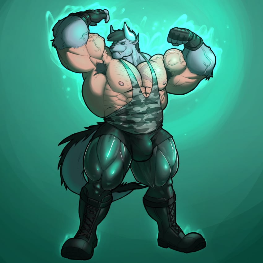 1:1 2024 abs anthro armpit_hair barazoku behemoth_(final_fantasy) black_boots black_clothing black_footwear body_hair boots camo camo_print camo_tank_top chest_hair clothing fangs final_fantasy flexing flexing_bicep flexing_both_biceps footwear fur green_background green_clothing green_horn green_legwear green_tights grey_body grey_fur hairless hi_res horn kajy legwear male male_only muscular muscular_anthro muscular_male muscular_thighs nax_(behehonax) nipples obliques pecs serratus shoes simple_background solo square_enix tail_mane teeth tights vein veiny_muscles