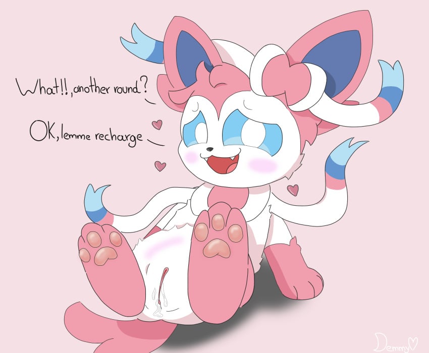 bodily_fluids cum demmy eeveelution female feral generation_6_pokemon genital_fluids genitals heart_symbol hi_res looking_at_viewer nintendo pawpads paws pink_body pokemon pokemon_(species) pussy ribbons shaded solo sylveon tail text