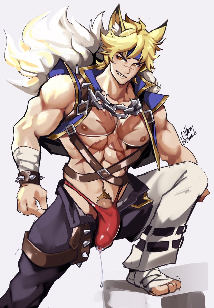 abs animal_ears bara blonde_hair chest cum_drip cum_under_clothes erection erection_under_clothes league_of_legends male male_focus male_only muscular_male nipples open_clothes open_pants pecs pectorals pubic_hair sett solo solo_focus solo_male soul_fighter_series soul_fighter_sett thombrownie underwear