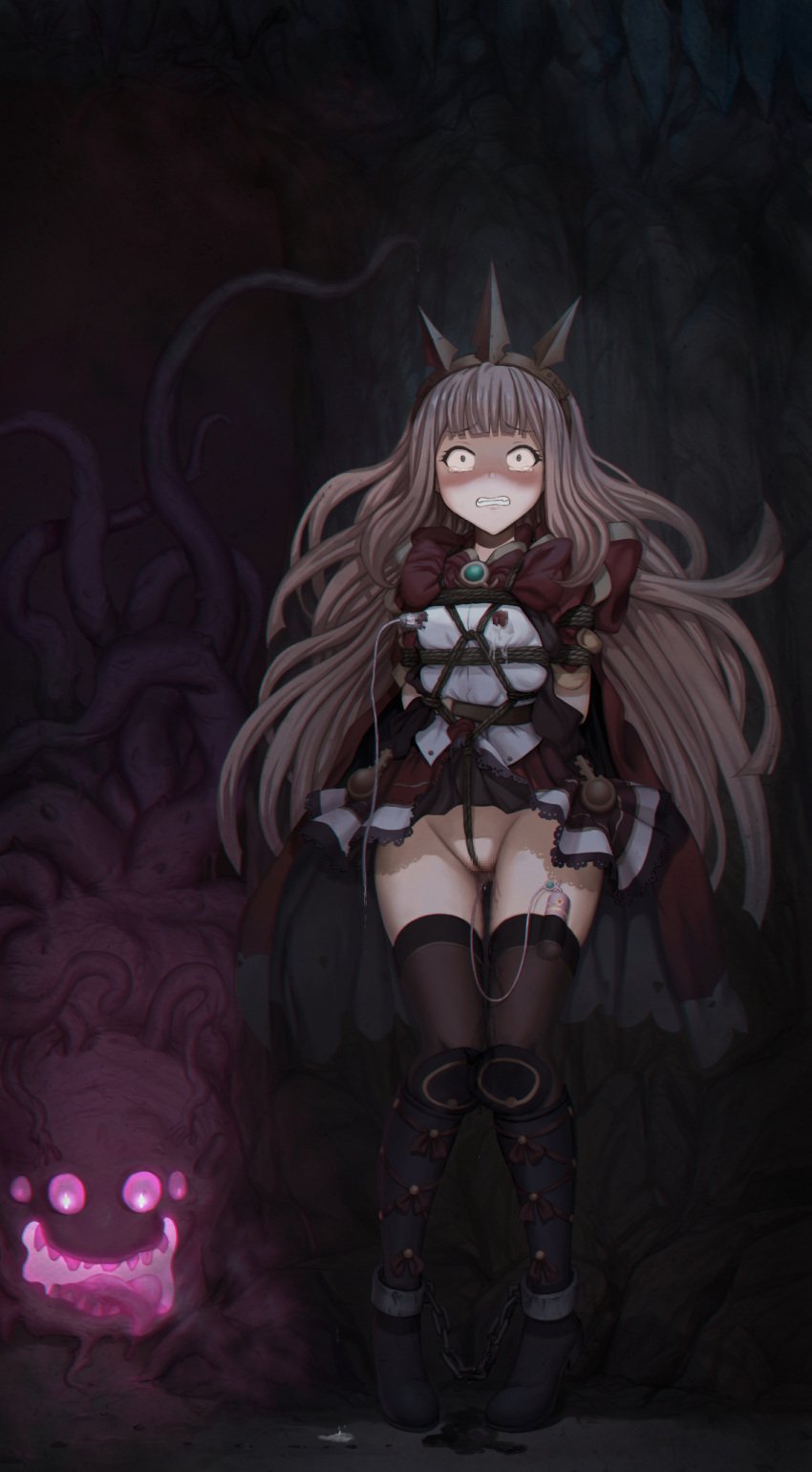 black_footwear black_thighhighs blonde_hair blunt_bangs blush bondage boots breasts brown_cape brown_dress cagliostro_(granblue_fantasy) cape censored chinese_commentary clenched_teeth commentary_request constricted_pupils dress english_commentary female full_body granblue_fantasy green_brooch hairband highres long_hair medium_bangs mixed-language_commentary monster mosaic_censoring pussy qisu sex_toy shaded_face shibari_over_clothes small_breasts spiked_hairband spikes standing teeth tentacle thighhighs vibrator vibrator_in_thighhighs