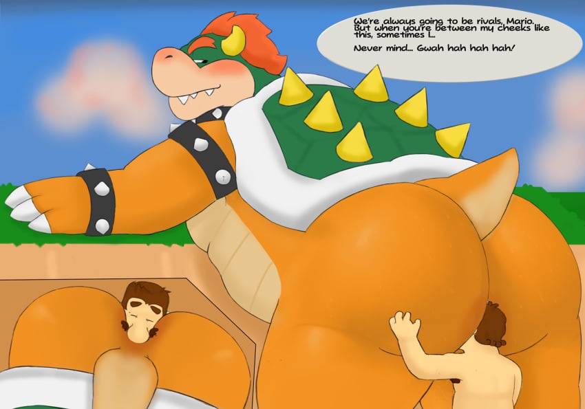 anthro ass big_butt bowser butt_sniffing closed_eyes dialogue duo human ivory-dove koopa male male/male mammal mario mario_(series) nintendo nose_to_anus obese obese_male overweight overweight_male raised_tail scalie size_difference sniffing speech_bubble tail