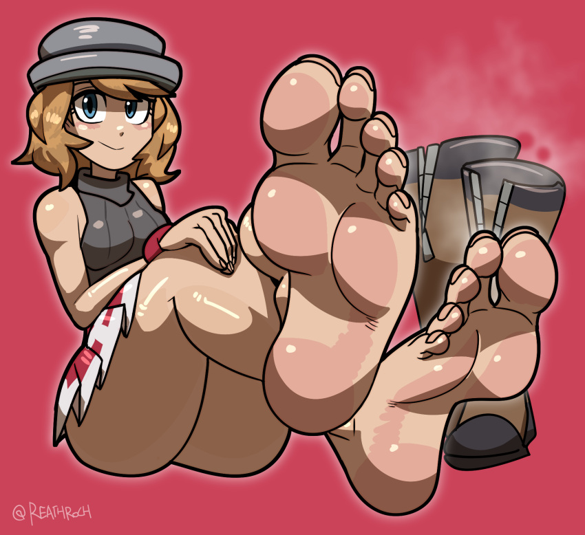 1girls 2d accessory ass bare_legs bare_shoulders bare_thighs barefoot blonde_hair blue_eyes creatures_(company) crossed_feet feet feet_up female_focus female_only foot_fetish foot_focus footwear game_freak grey_clothing hat legs light-skinned_female light_skin nail_polish nintendo pink_nails pokemon pokemon_xy reathroch serena_(pokemon) shoes shoes_removed short_hair short_skirt simple_background skirt smell smile smiling_at_viewer solo solo_female steam steamy_feet toenail_polish upskirt watermark wristband