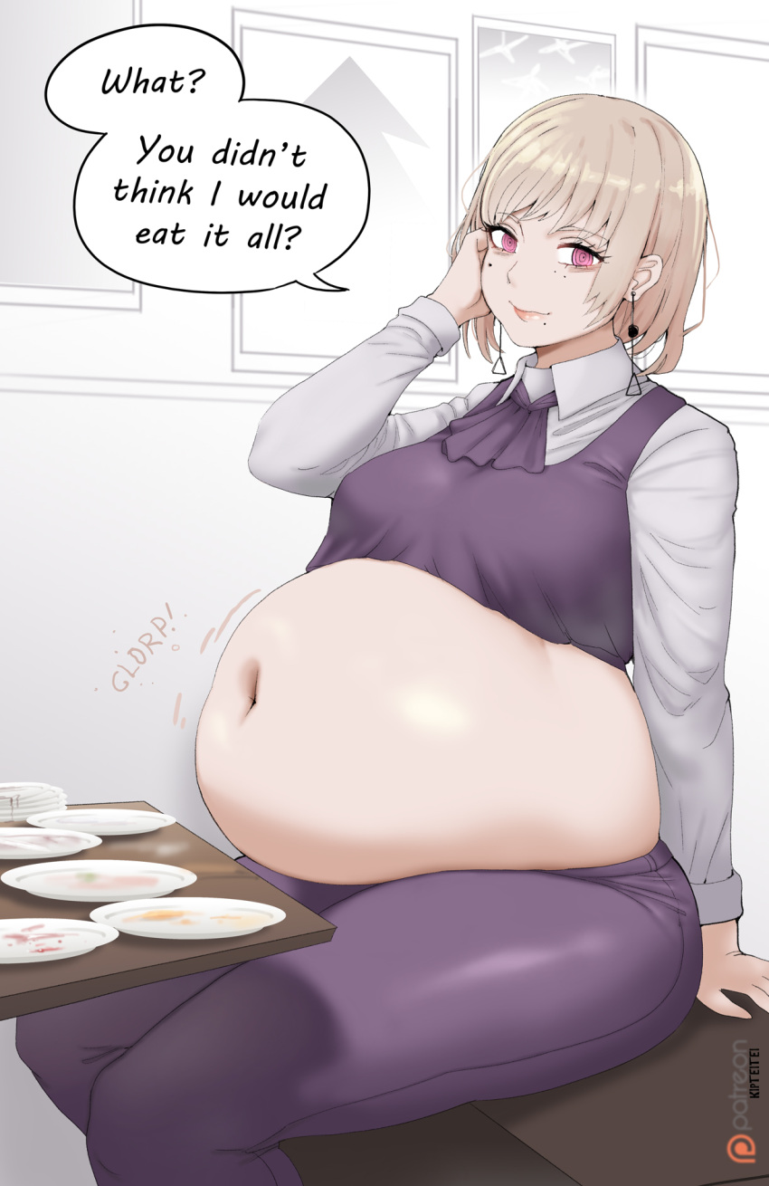 bbw belly_overhang big_belly big_breasts big_female blush chainsaw_man chubby chubby_female eating_food embarrassed fami_(chainsaw_man) fat fat_ass fat_belly fat_female fat_fetish fat_girl fat_woman fatty feeding huge_belly kipteitei large_female navel obese obese_female overweight overweight_female plump pork_chop stomach_noises thick_thighs tummy weight_gain