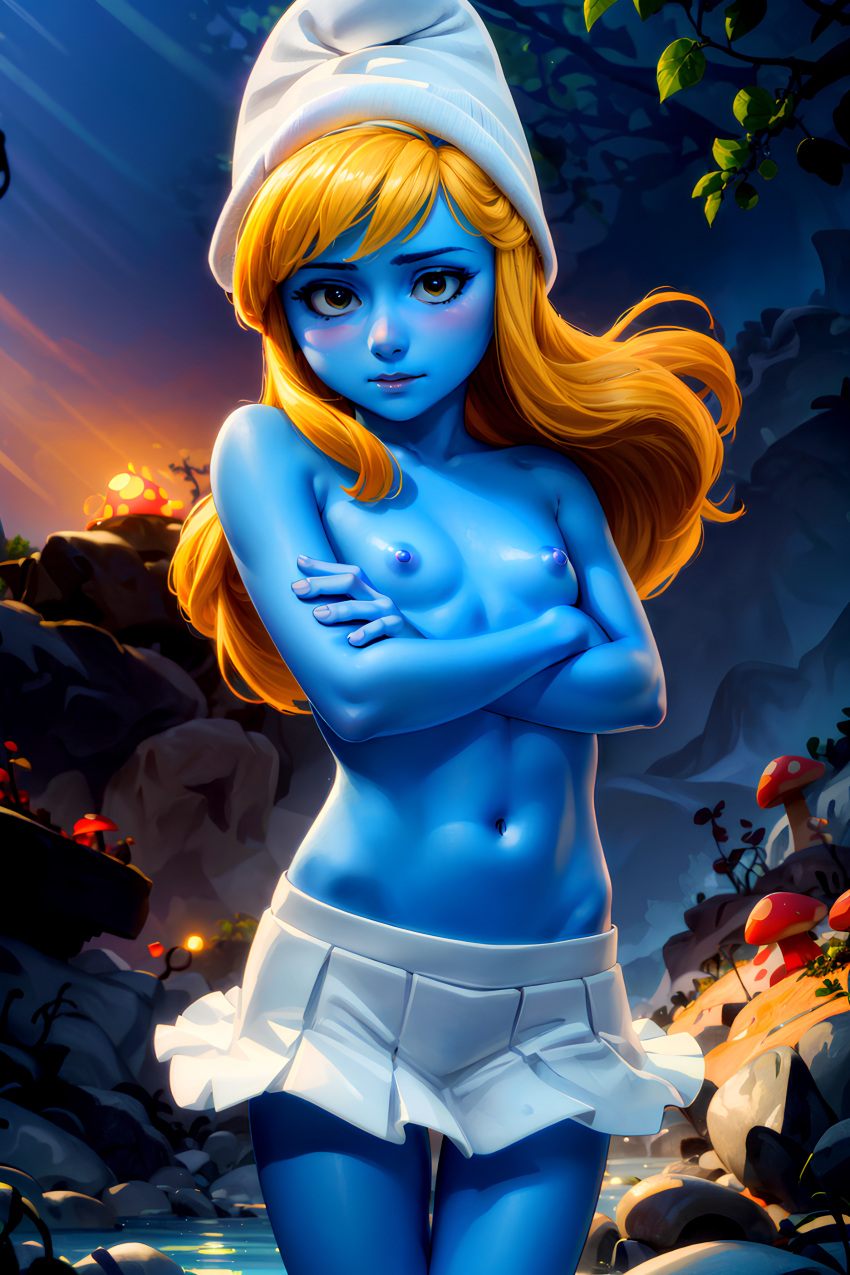 ai_generated arms_crossed blonde_hair blue_skin blush brown_eyes female female_focus hat long_hair looking_at_viewer miniskirt nature navel nipples peyo_(copyright) small_breasts smurfette the_smurfs topless younger_female