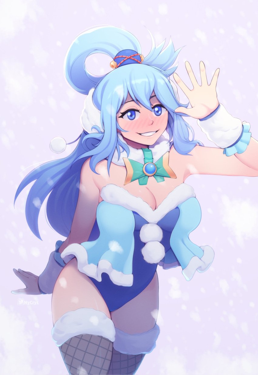 1girls aqua_(konosuba) blue_eyes blue_hair breasts female female_only greeting greeting_viewer hi_res kono_subarashii_sekai_ni_shukufuku_wo! looking_at_viewer mycrys smiling smiling_at_viewer solo winter_clothes