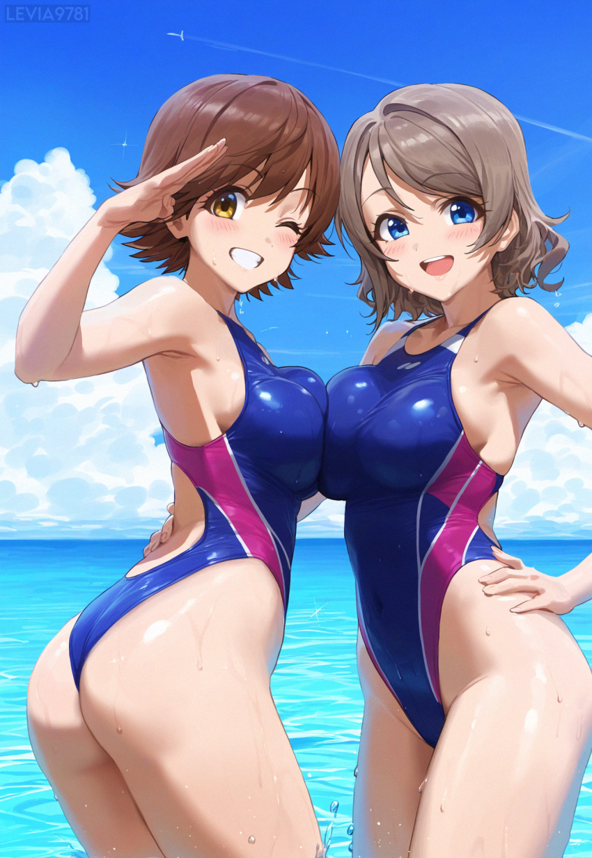 ai_generated ass blue_eyes breasts brown_hair competition_swimsuit honda_mio idolmaster large_breasts legs love_live! love_live!_sunshine!! multiple_girls one-piece_swimsuit short_hair swimsuit the_idolm@ster thighs watanabe_you yellow_eyes