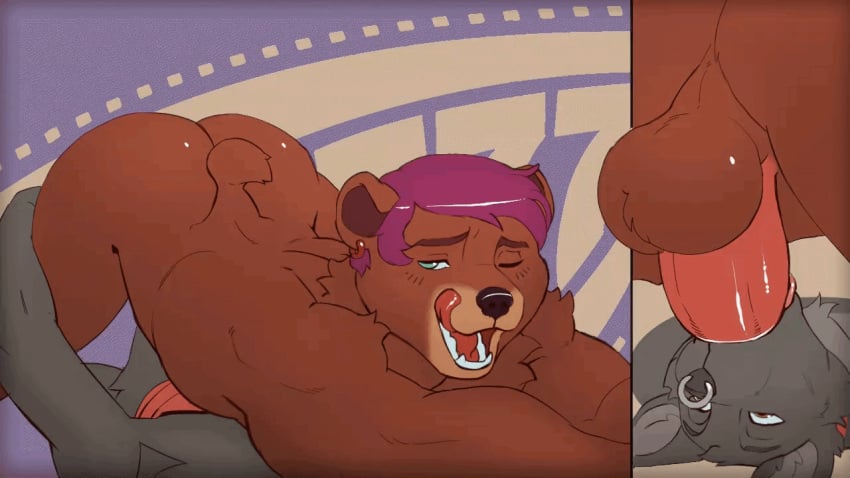 16:9 69_position ambiguous_gender animated anthro ash_bearfox ball_slap balls_focus bear blowjob brown_body brown_fur canid canine cutaway deepthroat duo ear_piercing ear_ring facial_piercing fangs fellatio fur fuzzamorous glistening glistening_body grey_body grey_fur hair irrumatio licking licking_lips looking_pleasured male male/male mammal nose_piercing oral original original_character penile piercing purple_hair ring_piercing septum_piercing sex short_playtime slap teeth throat_swabbing tongue tongue_out tongue_out_blowjob widescreen