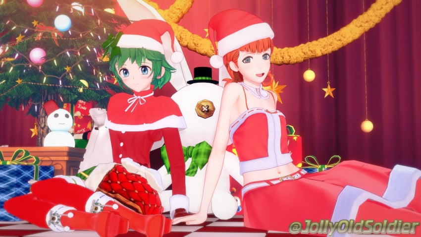 2girls 3d alternate_costume annette_fantine_dominic armpits bangs bare_midriff blue_eyes boots box breasts christmas christmas_tree female female_only fire_emblem fire_emblem:_the_blazing_blade fire_emblem:_three_houses gift green_hair hat indoors jollyoldsoldier long_sleeves looking_at_viewer midriff multiple_girls navel nino_(fire_emblem) nintendo open_mouth orange_hair santa_hat short_hair short_twintails sitting skirt small_breasts smile snowman tank_top tree twintails