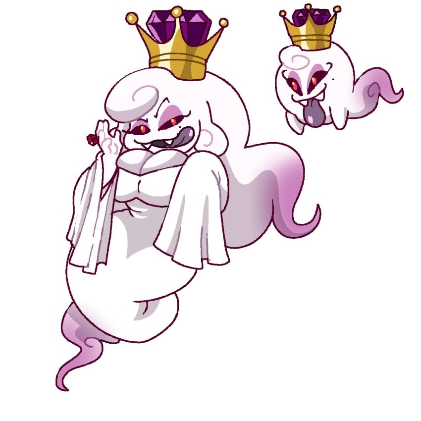 beauty_mark boo_(mario) crown dress eyelashes eyeshadow fangs female female_focus female_only ghost ghost_girl ghost_tail large_breasts mario_(series) ring snappy_snaz tongue tongue_out