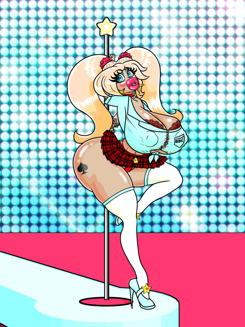 bimbo bimbo_body bimbo_lips bimbofied gyaru high_heels huge_ass huge_breasts lewdjacket lips mario_(series) midriff miniskirt princess_rosalina queen_of_spades spade_tattoo thick_lips thick_thighs wide_hips