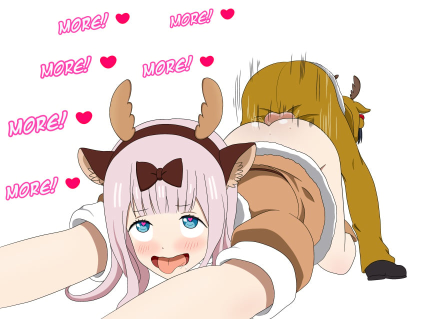 ahe_gao ass ass_up blue_eyes blush blush_lines bottomless christmas christmas_outfit clothing doggy_style fake_animal_ears female fujiwara_chika hairband hairbow heart-shaped_pupils hearts j-luid kaguya-sama_wa_kokurasetai_~tensai-tachi_no_renai_zunousen~ looking_pleasured looking_up open_mouth pink_hair reindeer_costume sex thighs tongue tongue_out top-down_bottom-up white_background