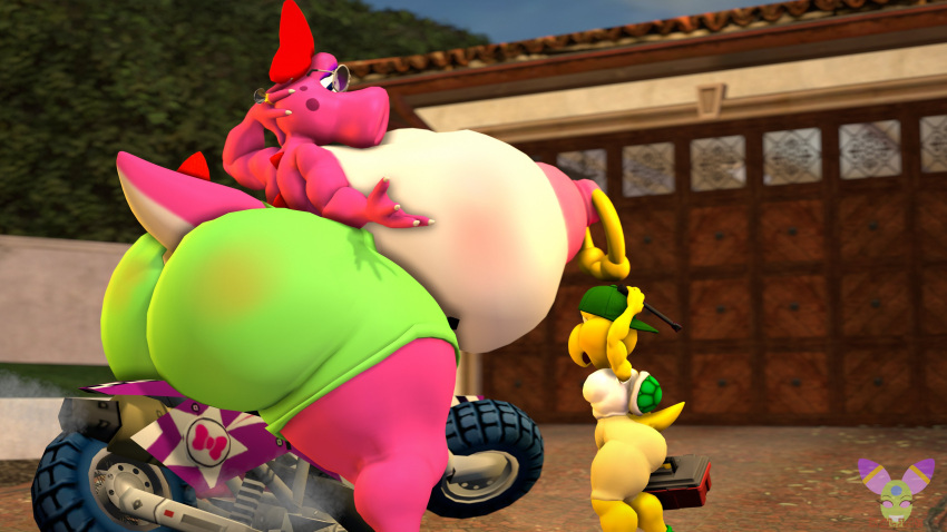 3d 3d_(artwork) ass ass_bigger_than_head bigger_female birdo bottomwear breasts_bigger_than_head casual casual_nudity female green_koopa_troopa huge_ass hyper_ass hyper_breasts koopa_troopa mario_(series) mario_kart nintendo nipple_piercing public public_nudity smaller_male tagme topless xaliah