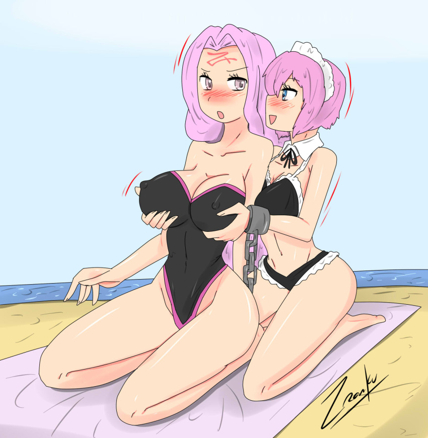 2girls annoyed beach crossover fairy_tail fate/stay_night fate_(series) female_only groping large_breasts medusa_(fate) multiple_girls pink_hair swimsuit virgo_(fairy_tail) yuri zronku