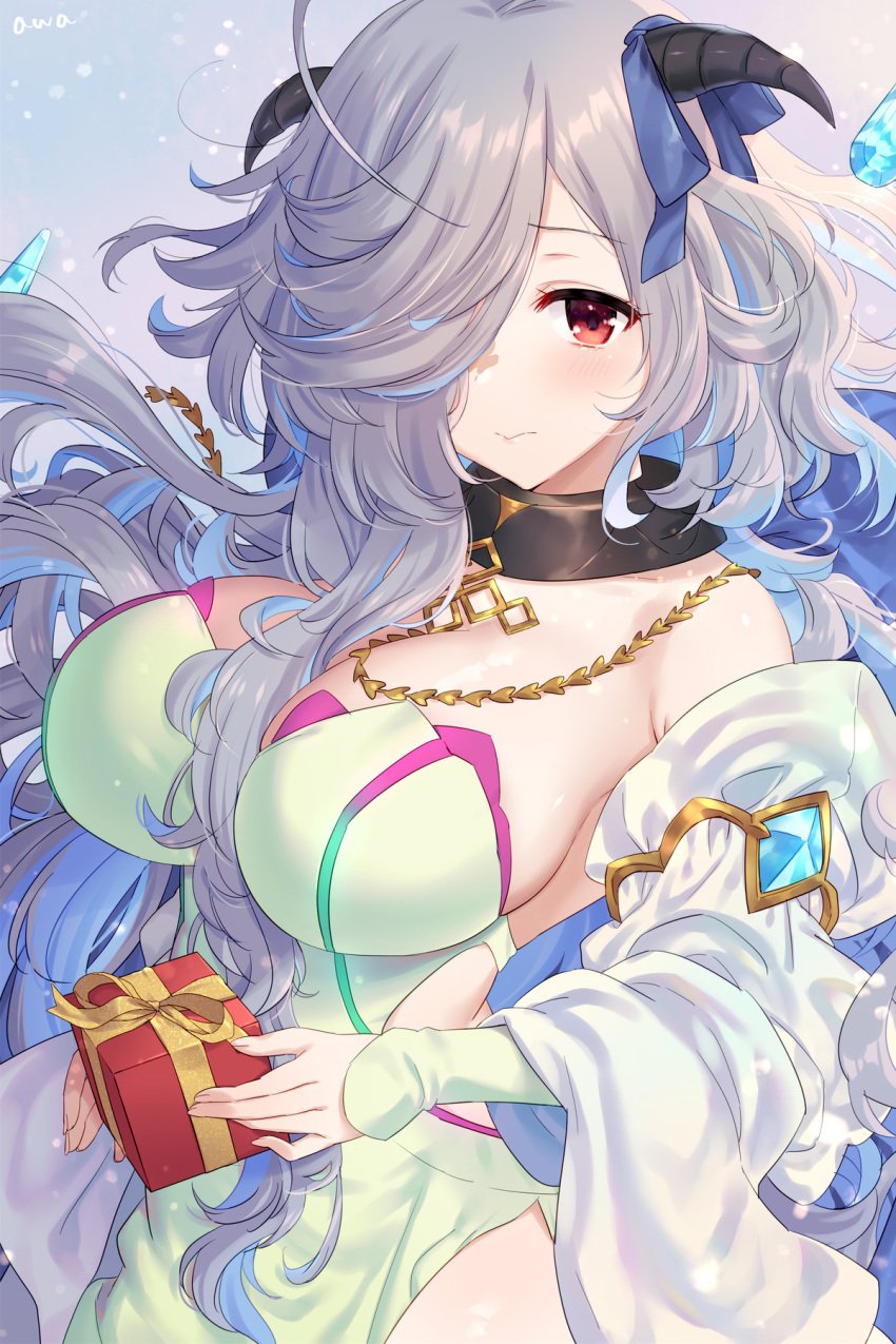 1girls ahoge awayuki_ramika bare_shoulders blue_hair blush box breasts cleavage closed_mouth collar diamond_cutout dress eitr_(fire_emblem) facial_mark female female female_only fire_emblem fire_emblem_heroes gift gift_box goat_horns gradient_background grey_hair hair_over_one_eye highres horns large_breasts long_hair looking_at_viewer multicolored_hair nintendo pelvic_curtain red_eyes simple_background solo very_long_hair wavy_hair